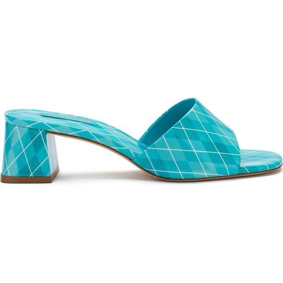 NWOT Larroude Aqua Argyle Brigitte Mules Patent Leather Slide Heels Size 8 - Picture 2 of 10